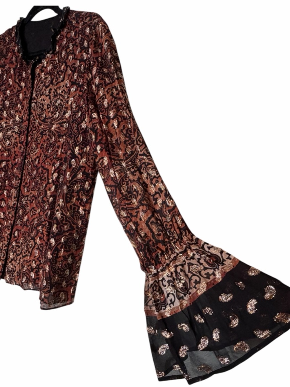 Kobi Halperin Metallic Gold Paisley Black with Brown Tones Ornate Blouse XL - Picture 2 of 12